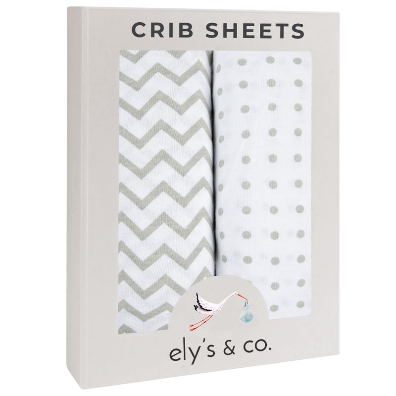 Ely's & Co. Ely’s & Co. Crib Sheets, Baby Boy/Girl Fitted Crib Mattress Sheet Set, 2 Pack, 100% Jersey Knit Cotton, Infant and Toddler Nursery Bedding, Grey Chevron and Polka Dot Print, 28” x 52” - Image 1